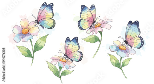 Delicate watercolor butterflies alight on pastel-colored flowers in a charming illustration
