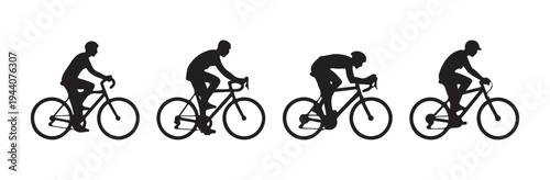 Silhouettes of cyclists in different riding positions on bikes
