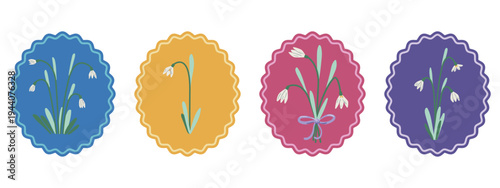 Hand-drawn botanical stickers with cute snowdrops in colorful scalloped oval frames