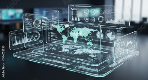 Futuristic Holographic Display Showing Global Data Analytics.