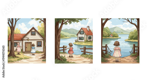 Charming watercolor scenes of children enjoying idyllic countryside and lakeside settings