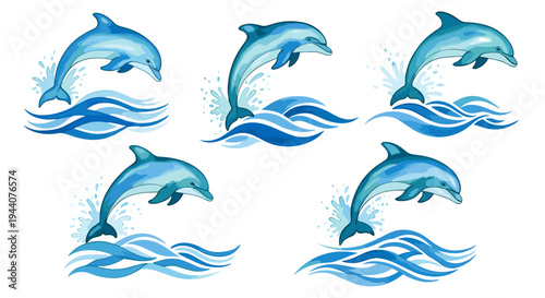 Five playful blue dolphins leaping from stylized ocean waves in a seamless pattern