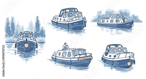 Collection of charming blue and white motorboats on calm water, hand-drawn style