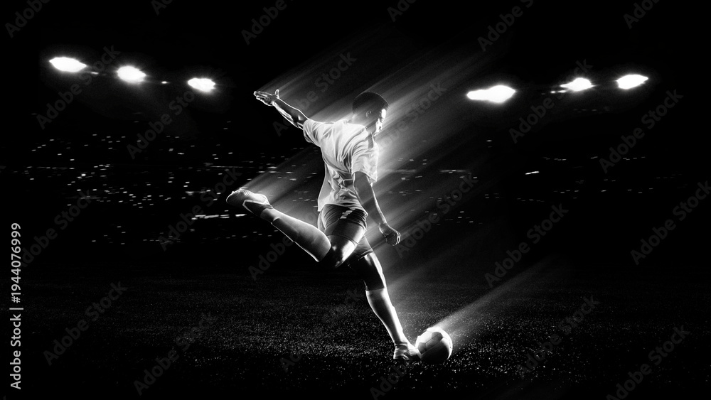 Fototapeta premium Soccer player striking ball with dramatic light trail motion effect in stadium used for football advertising, sports promotion and athletic performance campaigns.