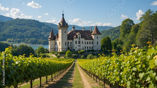 the historic castle at Aigle in the Swiss canton of Vaud with summer vineyards