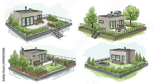 Modern rooftop garden designs with small houses and outdoor seating areas