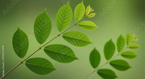 Close up of vibrant green leaves on a branch.