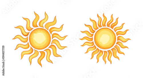 Two stylized cartoon suns with wavy rays on a white background