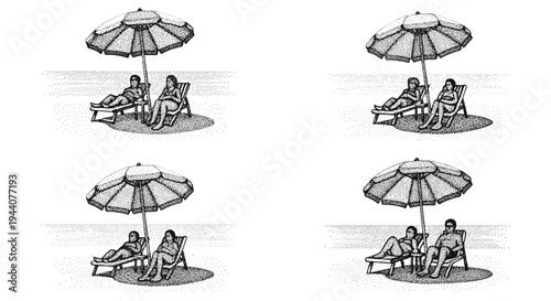 Couple relaxing on beach chairs under umbrella, enjoying a sunny day at the seaside