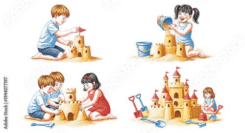 Children happily building sandcastles on a sunny beach, enjoying summer vacation activities