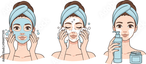 Vector illustration set of a young woman performing a skincare routine including applying a face mask, washing with foam, and using cream.