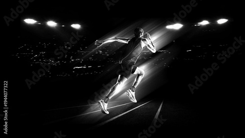Sprinter accelerating with light trail motion effect on stadium track used for athletics advertising, sports marketing and performance training campaigns.