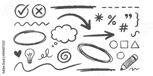 Hand drawn charcoal doodle elements set with arrows circles speech bubbles and symbols for creative design vector illustration