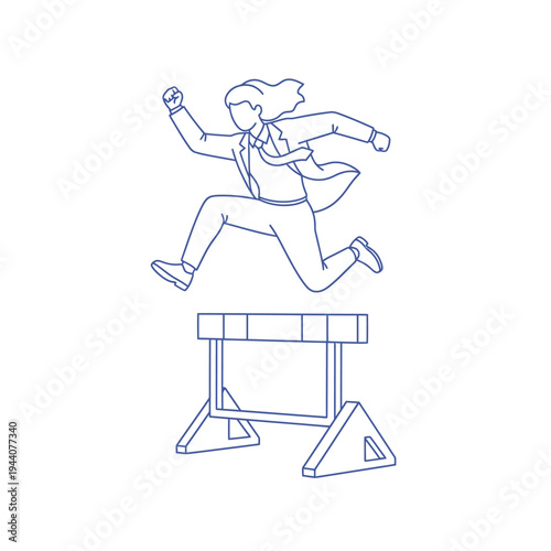 Businesswoman leaping over hurdle in dynamic motion.