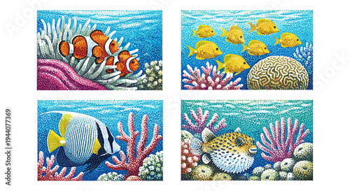 Vibrant underwater scenes featuring diverse marine life and colorful coral reefs in stippled art style