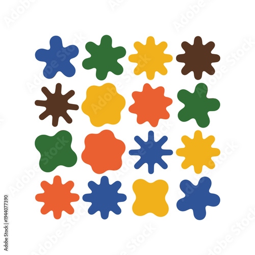 Colorful flower shapes in rows vector illustration isolated on white background.