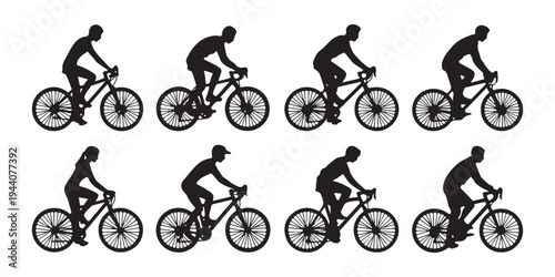 Silhouette collection of cyclists in action, male and female riders on bikes for sports and recreation
