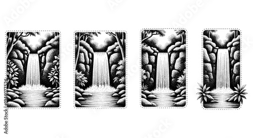 Vintage black and white stippled illustration of a serene forest waterfall cascading into a pool