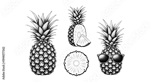 Set of hand-drawn pineapples in stipple art style, including whole, sliced, and one wearing sunglasses