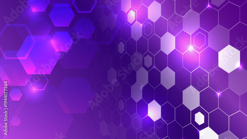 Abstract futuristic background with glowing hexagonal pattern in purple and pink tones. Modern digital technology concept with geometric shapes, light effects, and scientific network structure.