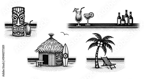 Tropical island vacation elements including tiki, hut, palm tree, and cocktails