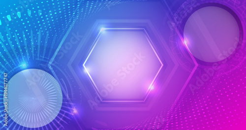 Futuristic technology background with glowing hexagon frame, digital circles, and abstract data waves in blue and purple gradient, representing innovation, digital networks, and modern tech interface.