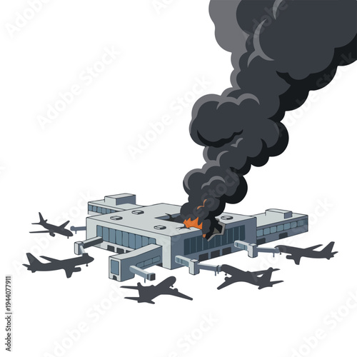 vector flat of an airport damaged by fire from a missile attack 008