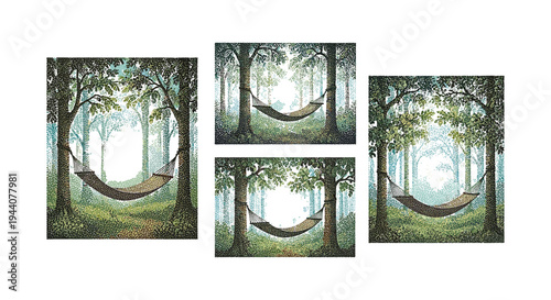 Serene hammock strung between trees in a misty forest, inviting relaxation and escape
