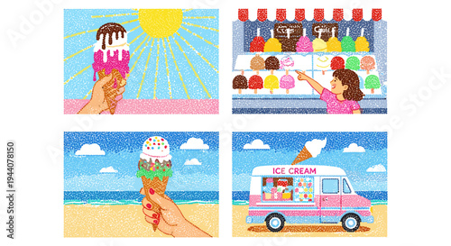 Summer treats: ice cream cones, popsicles, and a colorful ice cream truck