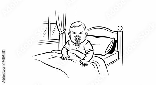A baby wearing a pacifier sits in a bed under a window