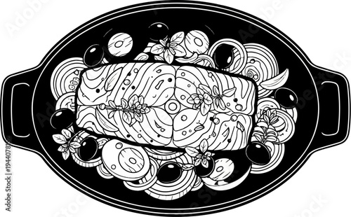 A beautifully illustrated meal of baked fish with olives and herbs in a serving dish