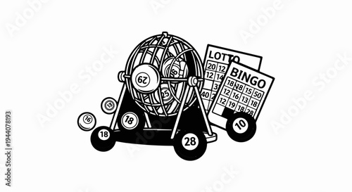 A bingo cage with balls and cards, ready for a game