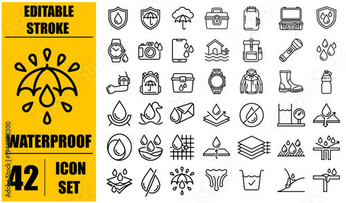 Waterproof icon set. Containing water resistant, water protection, hydrophobic fabric and more. Vector illustration.