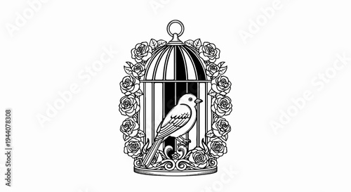 A black and white illustration of a bird perched inside a cage, surrounded by roses