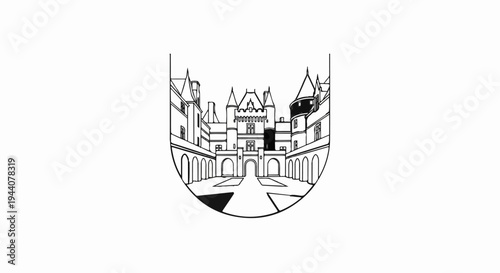 A black and white illustration of a grand courtyard with arched walkways and a central building