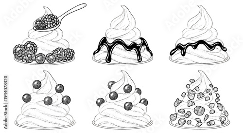 Collection of six hand-drawn soft serve ice cream desserts with various toppings