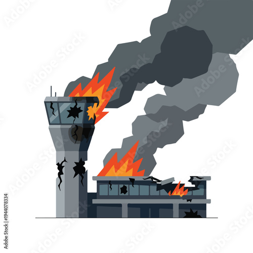 vector flat of an airport damaged by fire from a missile attack 003