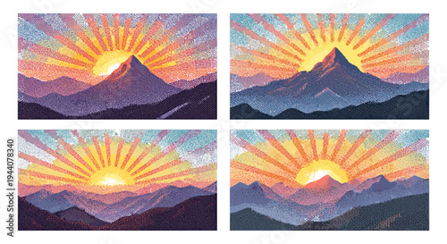 Vibrant sunrise over layered mountains in a stippled art style