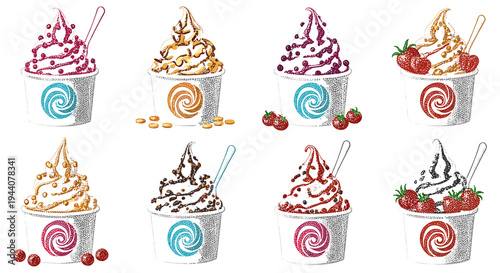 Collection of eight delicious soft serve ice cream cups with various toppings and fruits