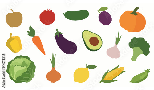 Colorful cartoon fruits and vegetables collection juicy healthy food vector isolated on white background