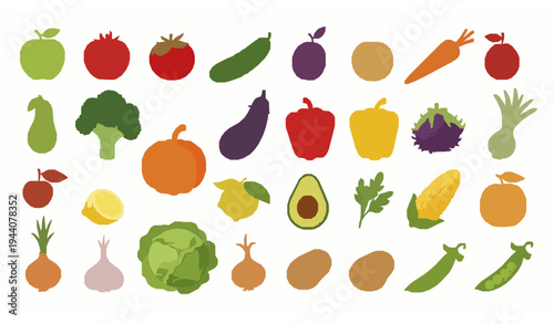 Large cartoon fruits and vegetables vector set colorful juicy food ingredients isolated on white background