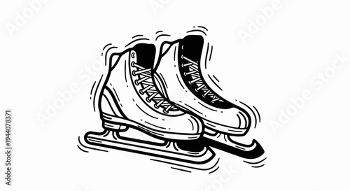 A black and white illustration of a pair of ice skates with laces