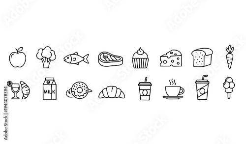 Minimal food and drink thin line icon set editable nutrition outline vector isolated on white
