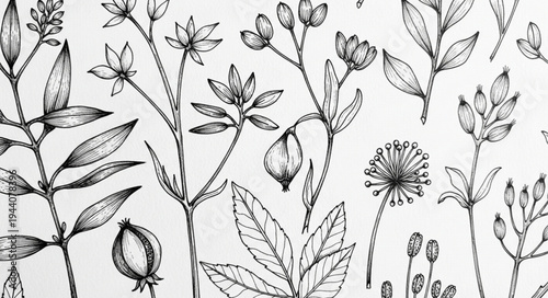Botanical illustration of various plants and flowers in black and white.