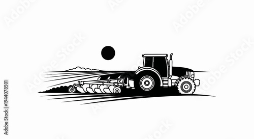 A black and white illustration of a tractor plowing a field under a dark circle representing the sun