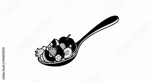 A black and white illustration of a spoon overflowing with various fruits