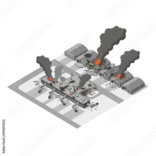 isometric vector flat of an airport damaged by fire from a missile attack 10