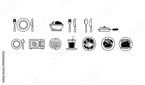 Food plate bowl and kitchen utensils thin line editable icons set cooking tableware vector isolated on white background