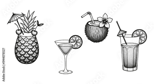 Tropical drinks and pineapple illustration in a stippling art style