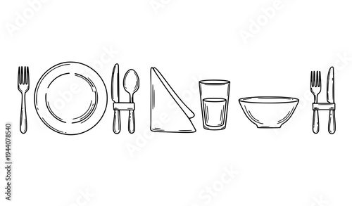 Hand drawn table setting doodle icon set plate fork spoon knife dining etiquette vector isolated on white background